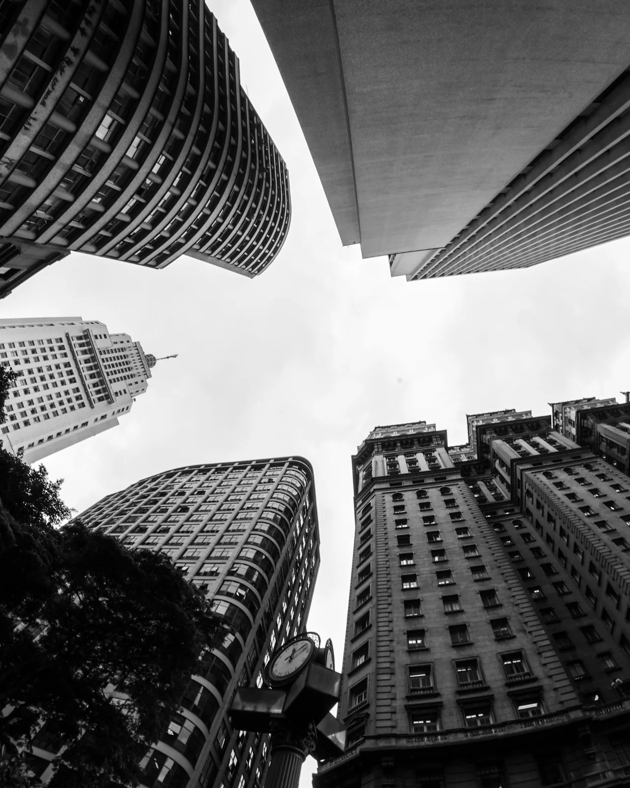 Converging highrise towers photographed from below