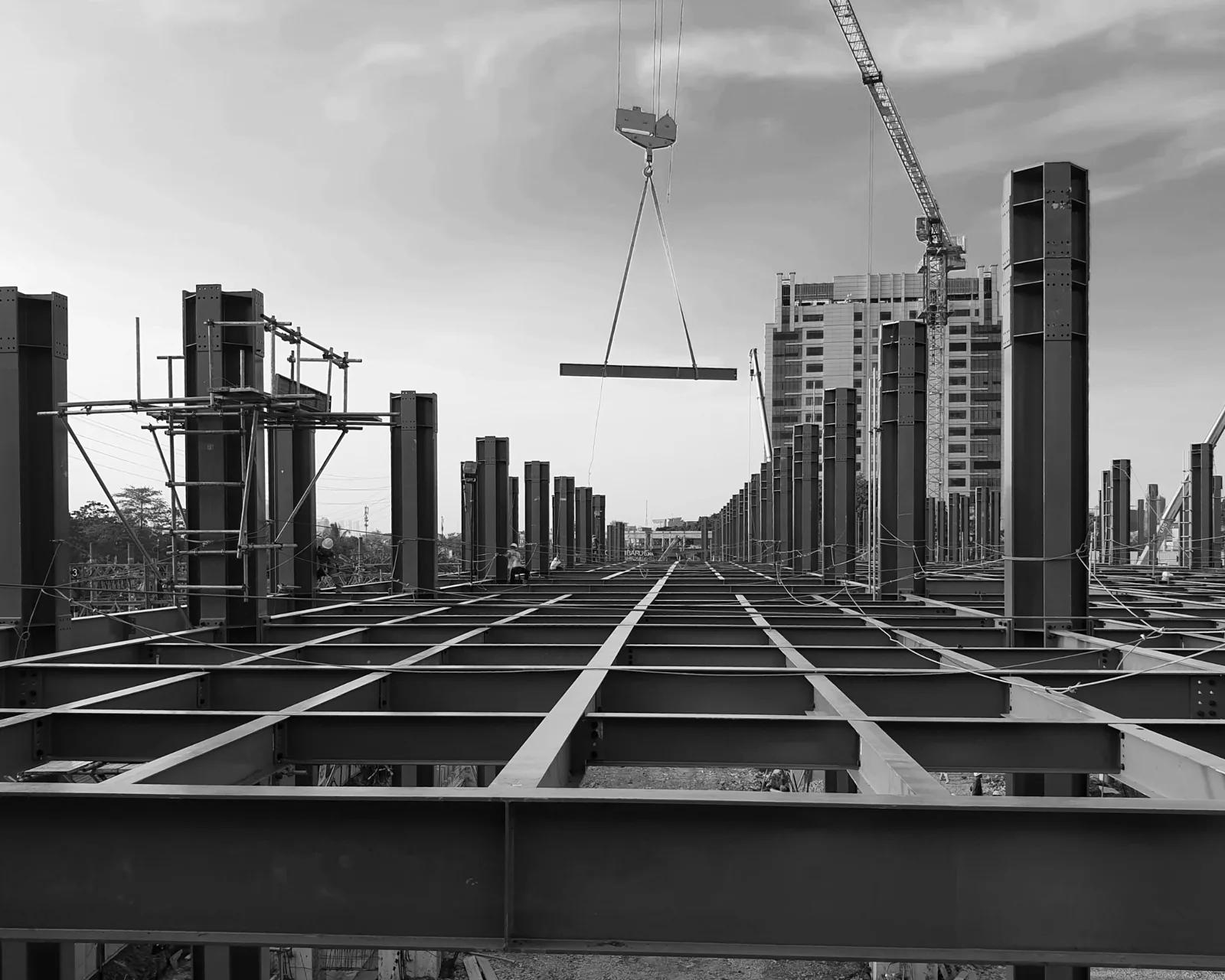 Structural steel gridwork under erection