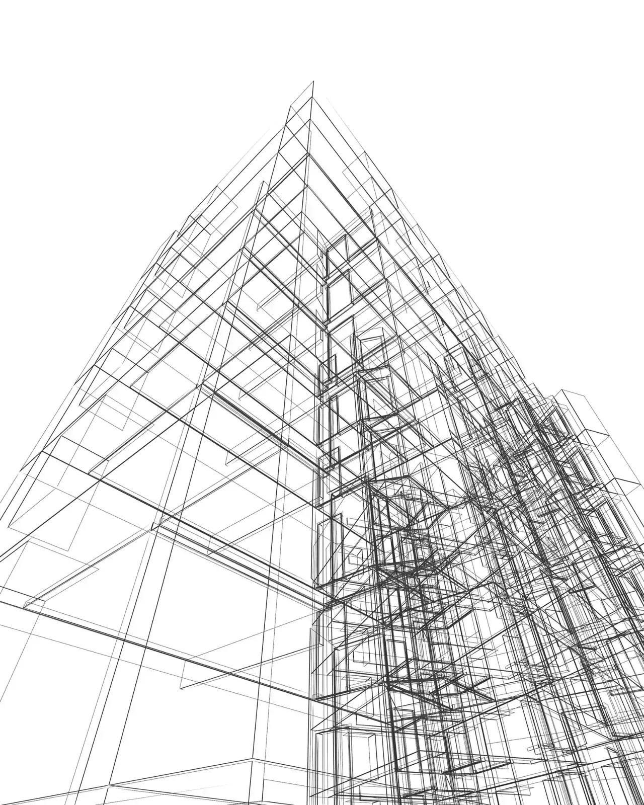 Wireframe architectural render of a tower massing